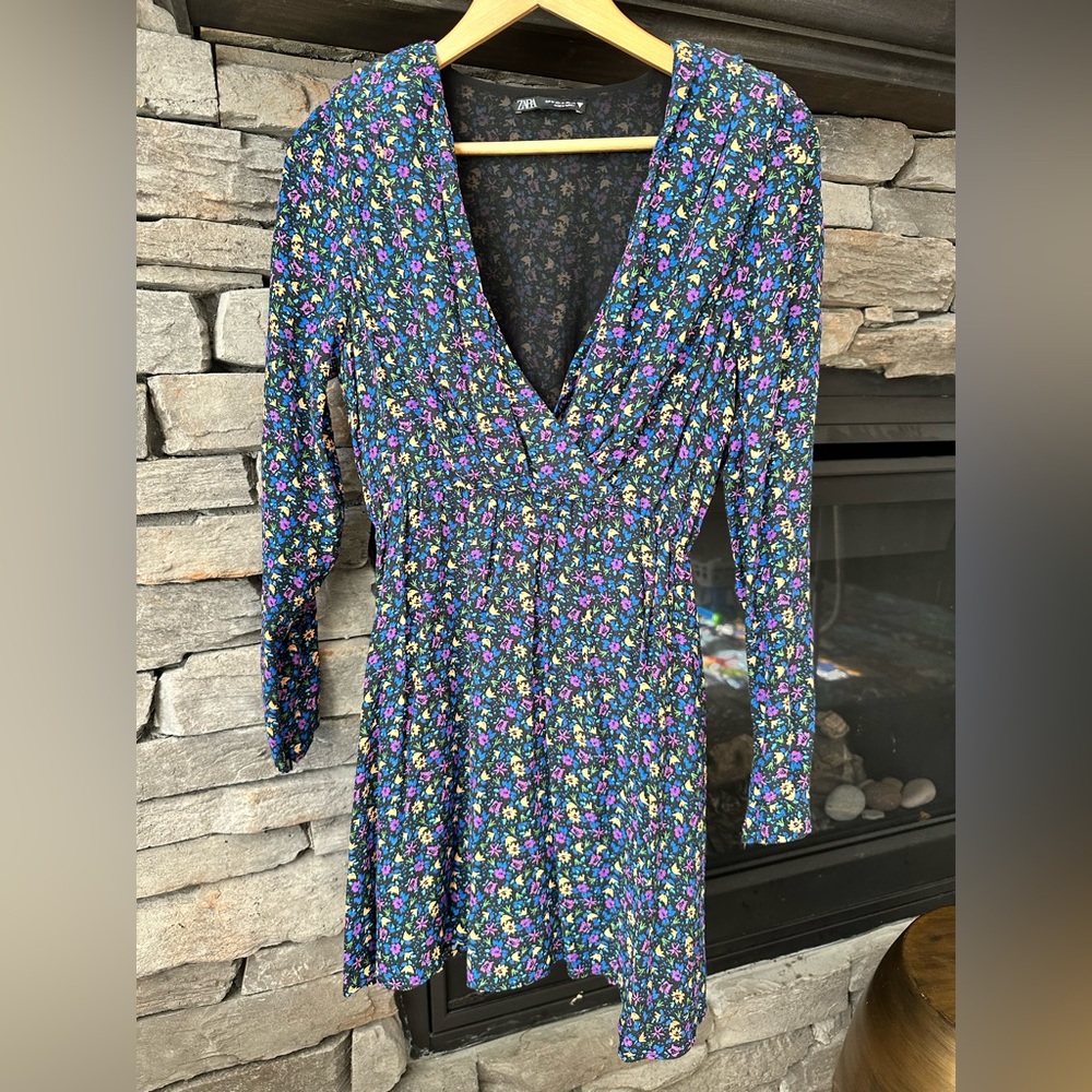 NWOT Zara floral black blue yellow purple dress size medium M